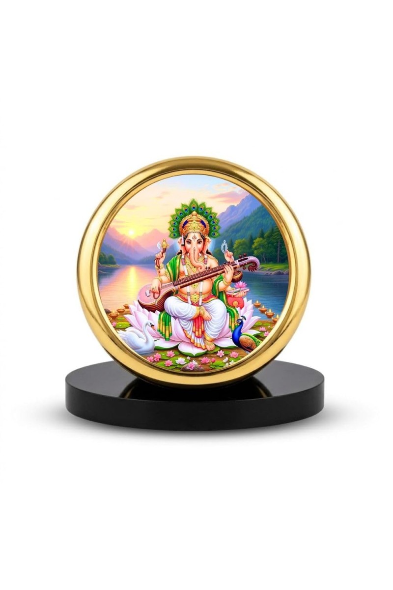 Car Desk/Table Top Goddess Saraswathi Metal Golden Photo Stand 2x2 Inches, Compact & Stylish Spiritual Display for Car, Home & Office (Pack of 1) (F18606)