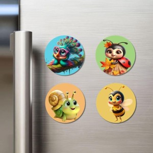 Cat, Squirrel, Koala, and Giraffe. Fridge Magnets 4 Piece Set | 3 Inch Round Wall Fridge Decor (F22859)
