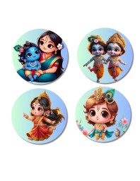 Krishna, Yashoda, and Radha. Fridge Magnets 4 Piece Set | 3 Inch Round Wall Fridge Decor (F22779)