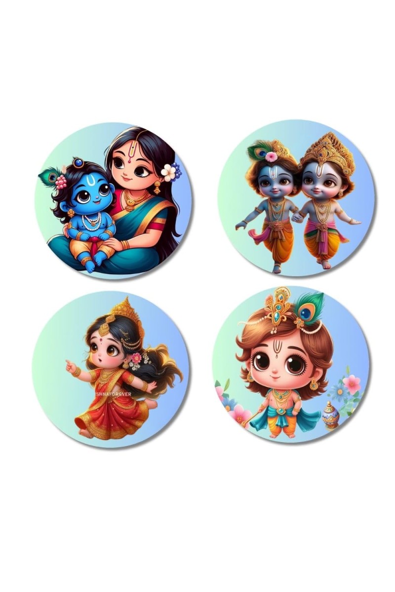Krishna, Yashoda, and Radha. Fridge Magnets 4 Piece Set | 3 Inch Round Wall Fridge Decor (F22779)
