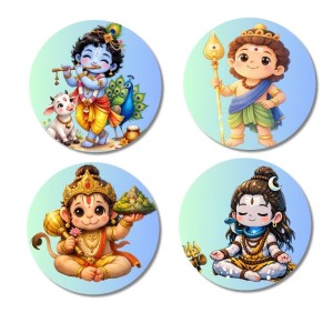 Hanuman, Ganesha, Shiva, and Krishna Fridge Magnets 4 Piece Set | 3 Inch Round Wall Fridge Decor (F22830)