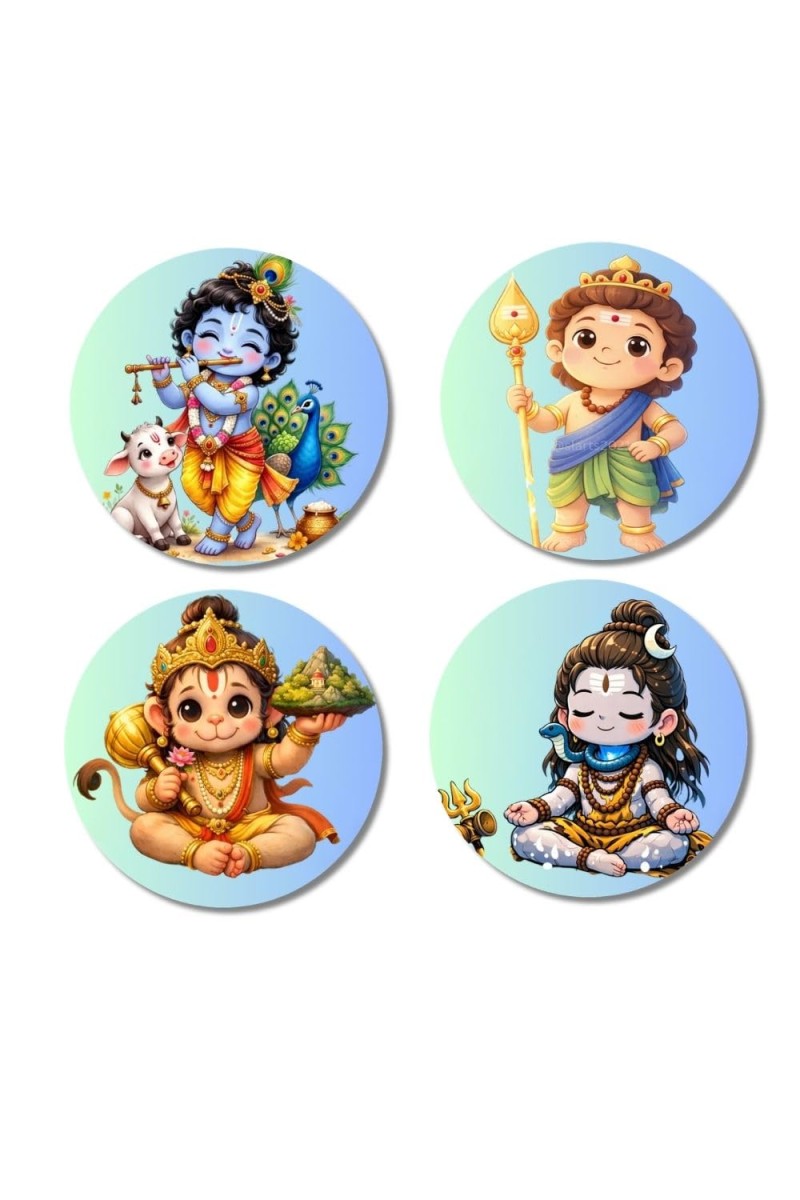 Hanuman, Ganesha, Shiva, and Krishna Fridge Magnets 4 Piece Set | 3 Inch Round Wall Fridge Decor (F22830)