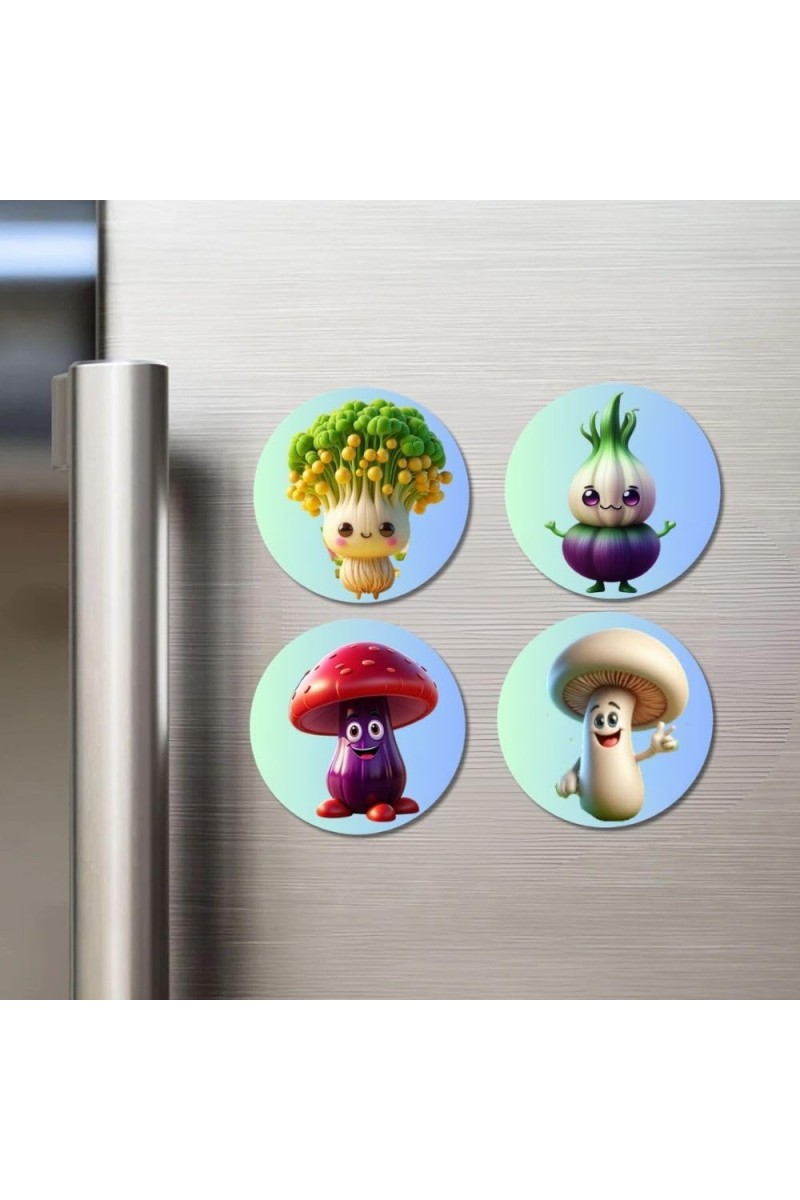 Broccoli, Onion, Mushroom, Mushroom Fridge Magnets 4 Piece Set | 3 Inch Round Wall Fridge Decor (F23305)
