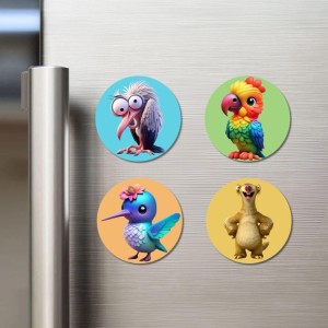 Swan, Parrot, Hummingbird, and Meerkat. Fridge Magnets 4 Piece Set | 3 Inch Round Wall Fridge Decor (F22905)