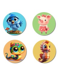 Blue Jay, Pig, Caterpillar, and Seahorse. Fridge Magnets 4 Piece Set | 3 Inch Round Wall Fridge Decor (F22915)