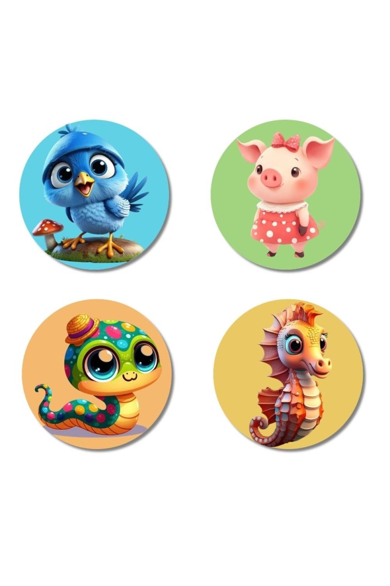 Blue Jay, Pig, Caterpillar, and Seahorse. Fridge Magnets 4 Piece Set | 3 Inch Round Wall Fridge Decor (F22915)