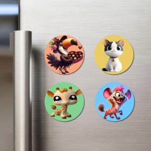 Toucan, Cat, Giraffe, and Hyena. Fridge Magnets 4 Piece Set | 3 Inch Round Wall Fridge Decor (F23031)