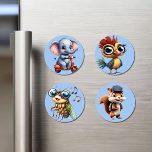 Elephant, Bird, Bee, and Squirrel. Fridge Magnets 4 Piece Set | 3 Inch Round Wall Fridge Decor (F23064)