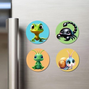 Lizard, Scorpion, Grasshopper, and Snail. Fridge Magnets 4 Piece Set | 3 Inch Round Wall Fridge Decor (F22943)