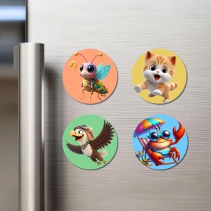 Monkey, Pigeon, Turtle, and Ladybug. Fridge Magnets 4 Piece Set | 3 Inch Round Wall Fridge Decor (F22960)