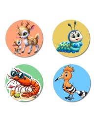 Deer, Caterpillar, Shrimp, and Hoopoe. Fridge Magnets 4 Piece Set | 3 Inch Round Wall Fridge Decor (F22959)