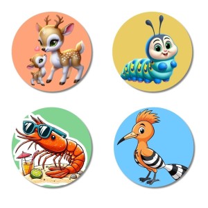 Deer, Caterpillar, Shrimp, and Hoopoe. Fridge Magnets 4 Piece Set | 3 Inch Round Wall Fridge Decor (F22959)