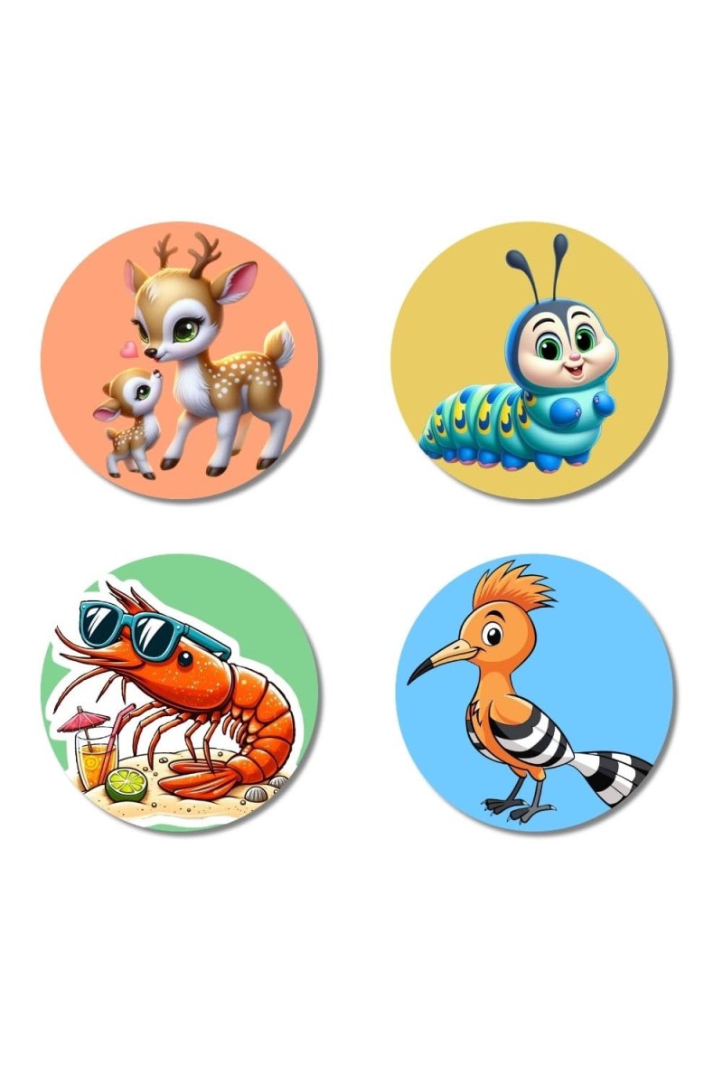 Deer, Caterpillar, Shrimp, and Hoopoe. Fridge Magnets 4 Piece Set | 3 Inch Round Wall Fridge Decor (F22959)