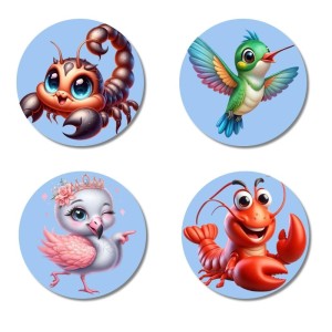 Scorpion, Hummingbird, Flamingo, and Lobster. Fridge Magnets 4 Piece Set | 3 Inch Round Wall Fridge Decor (F23069) Scorpion, Hummingbird, Flamingo, and Lobster. Fridge Magnets 4 Piece Set | 3 Inch Round Wall Fridge Decor (F23069)
