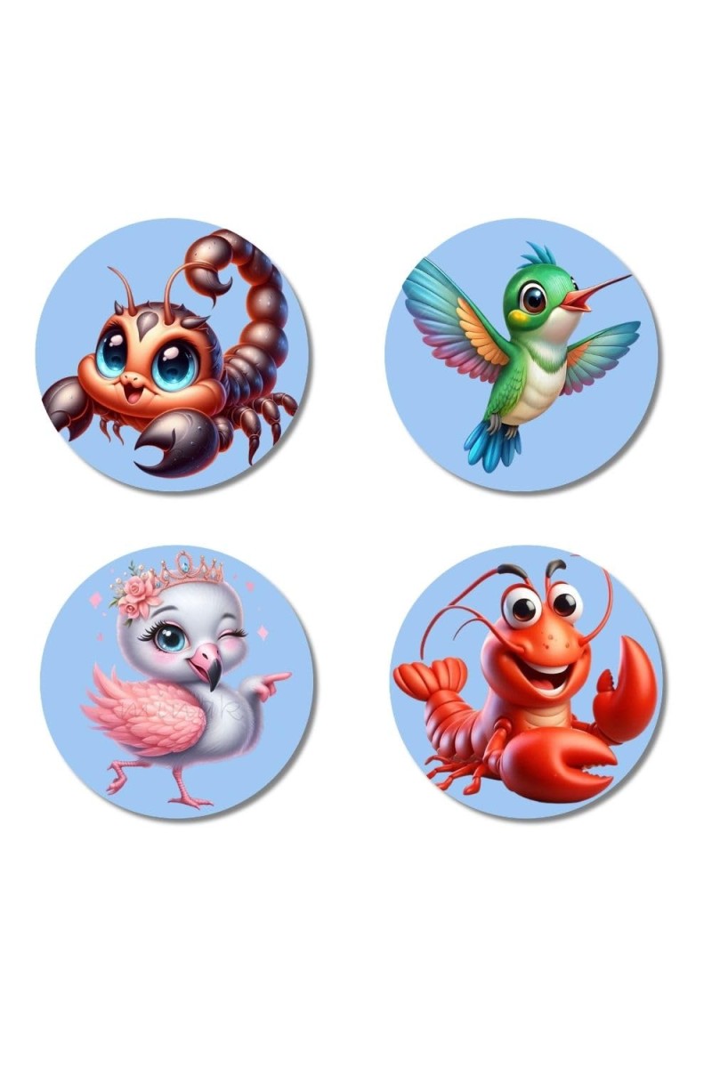 Scorpion, Hummingbird, Flamingo, and Lobster. Fridge Magnets 4 Piece Set | 3 Inch Round Wall Fridge Decor (F23069)