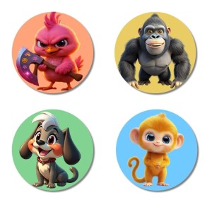 Bird, Gorilla, Dog, and Monkey. Fridge Magnets 4 Piece Set | 3 Inch Round Wall Fridge Decor (F22974)