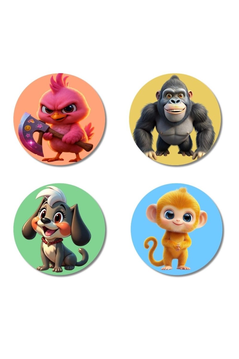 Bird, Gorilla, Dog, and Monkey. Fridge Magnets 4 Piece Set | 3 Inch Round Wall Fridge Decor (F22974)