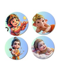 Hanuman, Ganesha, Rama, and Krishna. Fridge Magnets 4 Piece Set | 3 Inch Round Wall Fridge Decor (F23206)