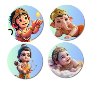 Hanuman, Ganesha, Rama, and Krishna. Fridge Magnets 4 Piece Set | 3 Inch Round Wall Fridge Decor (F23206)