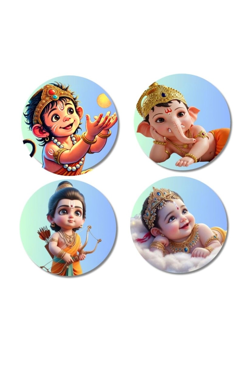 Hanuman, Ganesha, Rama, and Krishna. Fridge Magnets 4 Piece Set | 3 Inch Round Wall Fridge Decor (F23206)