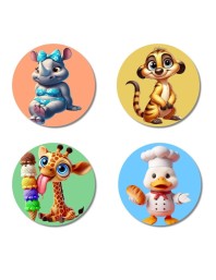 Rhino, Meerkat, Giraffe, and Duck. Fridge Magnets 4 Piece Set | 3 Inch Round Wall Fridge Decor (F22955)
