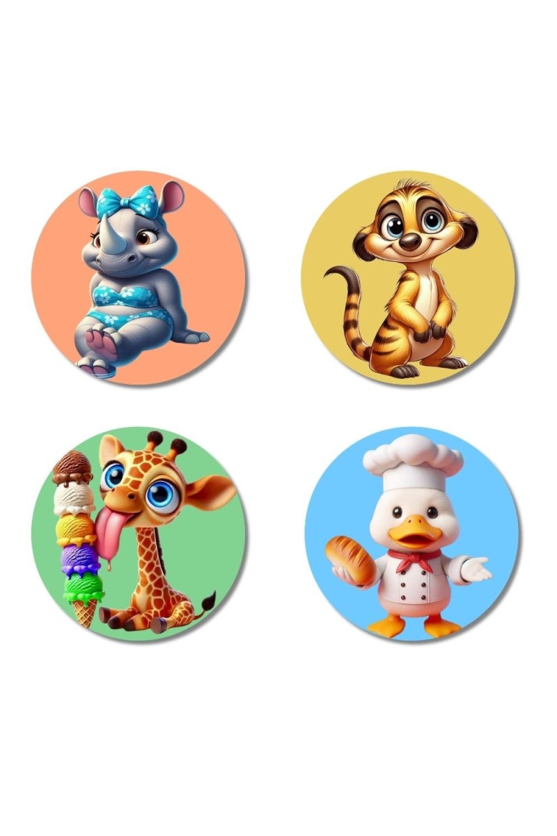 Rhino, Meerkat, Giraffe, and Duck. Fridge Magnets 4 Piece Set | 3 Inch Round Wall Fridge Decor (F22955)