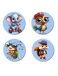 Elephant, Bird, Bee, and Squirrel. Fridge Magnets 4 Piece Set | 3 Inch Round Wall Fridge Decor (F23064)