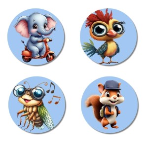 Elephant, Bird, Bee, and Squirrel. Fridge Magnets 4 Piece Set | 3 Inch Round Wall Fridge Decor (F23064)