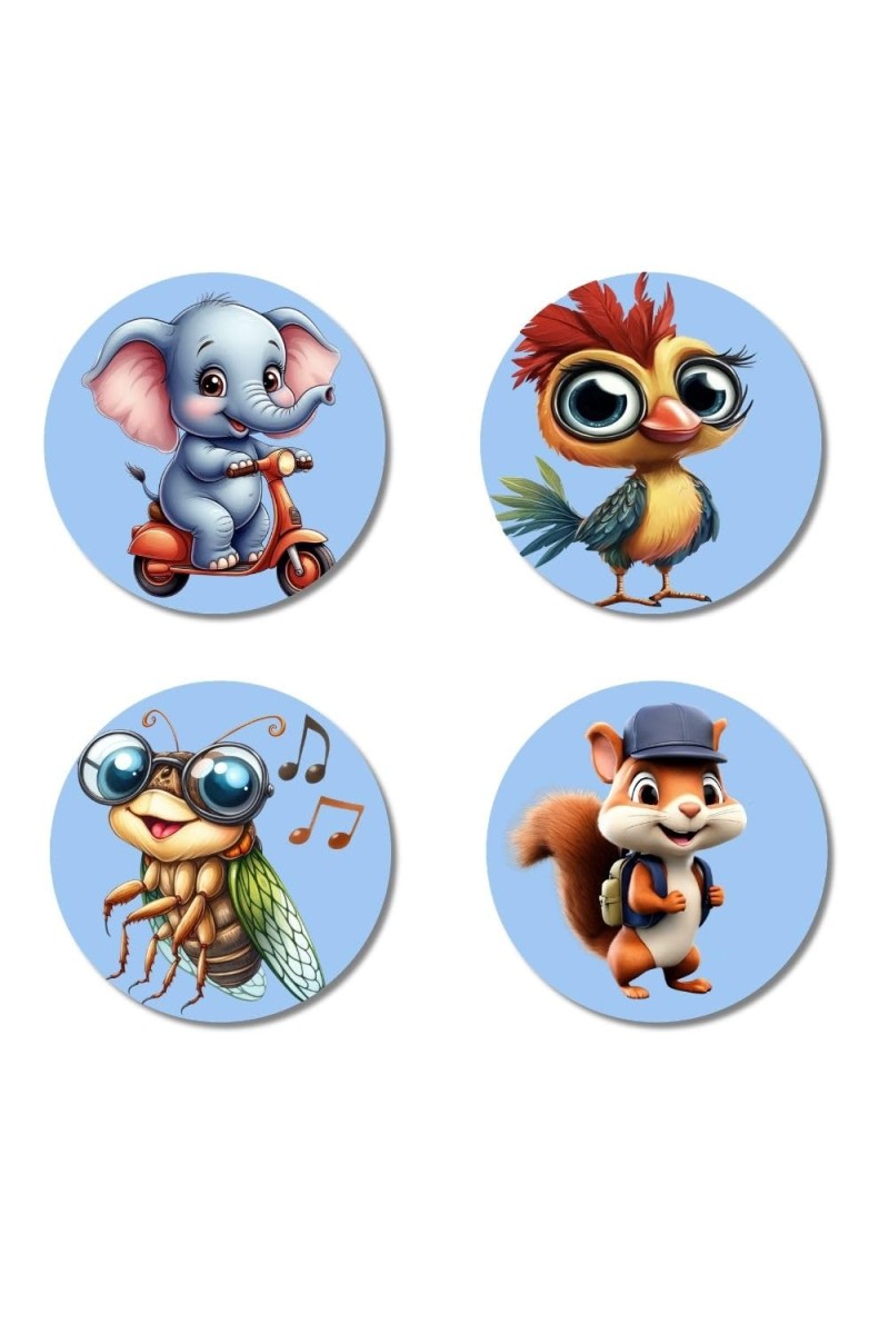 Elephant, Bird, Bee, and Squirrel. Fridge Magnets 4 Piece Set | 3 Inch Round Wall Fridge Decor (F23064)
