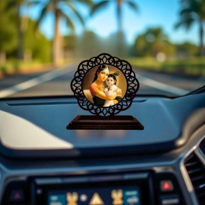 Car Desk/Table Top Lord Krishna with Yashodha Wooden Showpiece 3x4 Inches, Compact & Stylish Spiritual Display for Car, Home & Office (Pack of 1) (F19561)