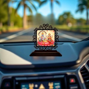 Car Desk/Table Top Lord Vishnu and Lakshmi Wooden Showpiece 3x4 Inches, Compact & Stylish Spiritual Display for Car, Home & Office (Pack of 1) (F19846)