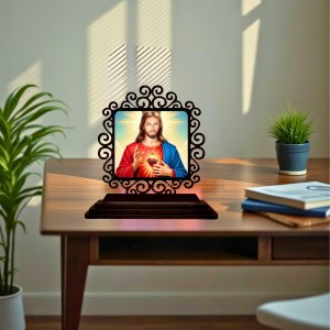 Car Desk/Table Top Lord Jesus Wooden Showpiece 3x4 Inches, Compact & Stylish Spiritual Display for Car, Home & Office (Pack of 1) (F19971)