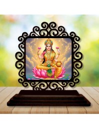 Car Desk/Table Top Goddess Lakshmi Wooden Showpiece 3x4 Inches, Compact & Stylish Spiritual Display for Car, Home & Office (Pack of 1) (F19833)