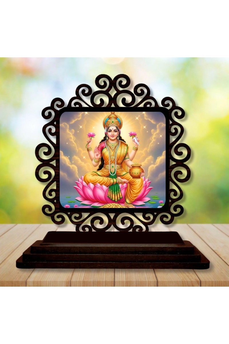 Car Desk/Table Top Goddess Lakshmi Wooden Showpiece 3x4 Inches, Compact & Stylish Spiritual Display for Car, Home & Office (Pack of 1) (F19833)