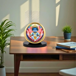 Car Desk/Table Top Little Krishna Metal Golden Photo Stand 2x2 Inches, Compact & Stylish Spiritual Display for Car, Home & Office (Pack of 1) (F18638)