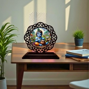 Car Desk/Table Top Lord Krishna Wooden Showpiece 3x4 Inches, Compact & Stylish Spiritual Display for Car, Home & Office (Pack of 1) (F19567)