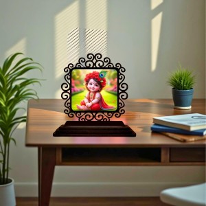 Car Desk/Table Top Lord Krishna Wooden Showpiece 3x4 Inches, Compact & Stylish Spiritual Display for Car, Home & Office (Pack of 1) (F19888)