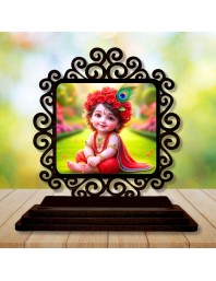 Car Desk/Table Top Lord Krishna Wooden Showpiece 3x4 Inches, Compact & Stylish Spiritual Display for Car, Home & Office (Pack of 1) (F19888)