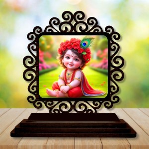 Car Desk/Table Top Lord Krishna Wooden Showpiece 3x4 Inches, Compact & Stylish Spiritual Display for Car, Home & Office (Pack of 1) (F19888)