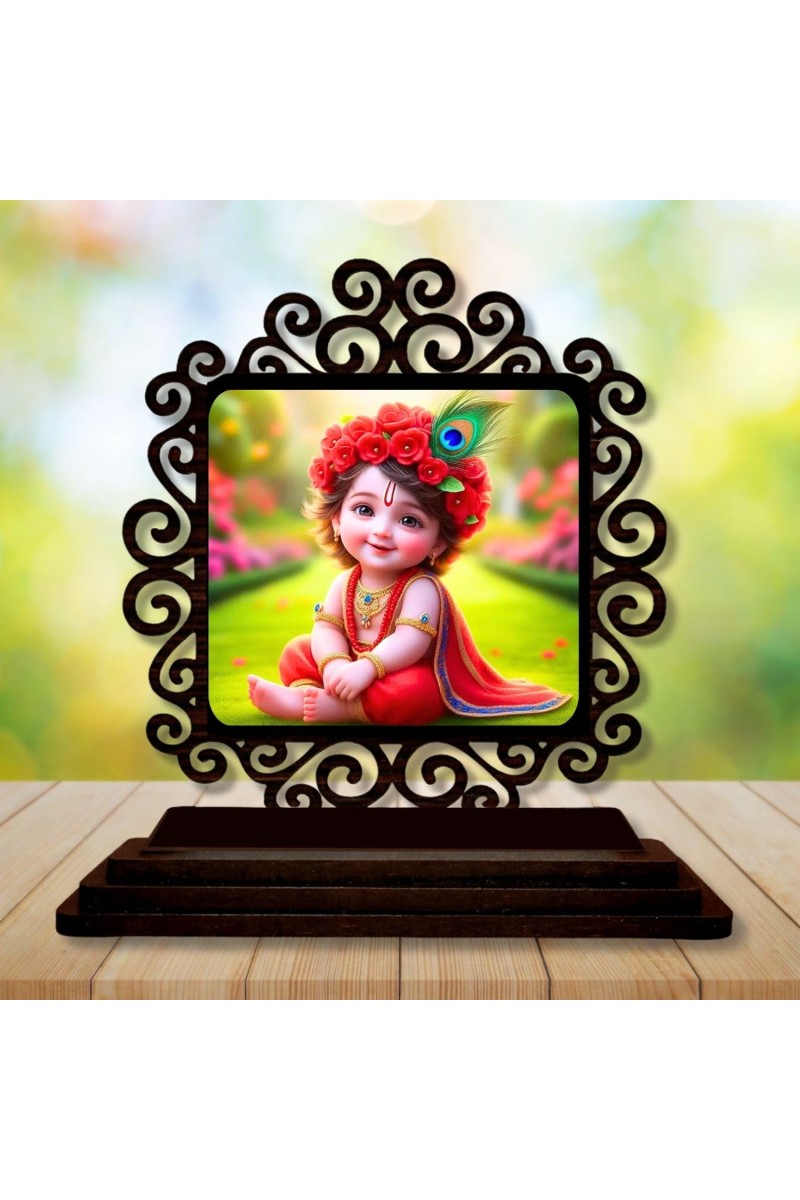 Car Desk/Table Top Lord Krishna Wooden Showpiece 3x4 Inches, Compact & Stylish Spiritual Display for Car, Home & Office (Pack of 1) (F19888)