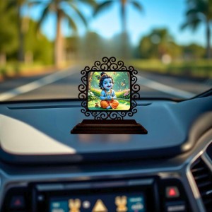 Car Desk/Table Top Little Krishna Wooden Showpiece 3x4 Inches, Compact & Stylish Spiritual Display for Car, Home & Office (Pack of 1) (F19985)