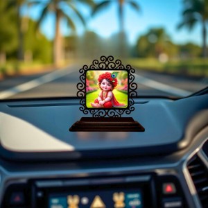 Car Desk/Table Top Lord Krishna Wooden Showpiece 3x4 Inches, Compact & Stylish Spiritual Display for Car, Home & Office (Pack of 1) (F19888)