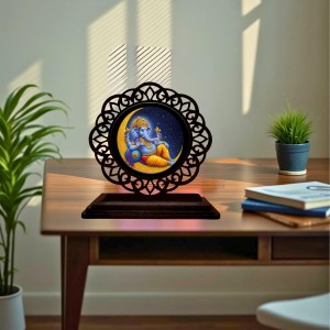 Car Desk/Table Top Lord Ganesha Wooden Showpiece 3x4 Inches, Compact & Stylish Spiritual Display for Car, Home & Office (Pack of 1) (F19743)