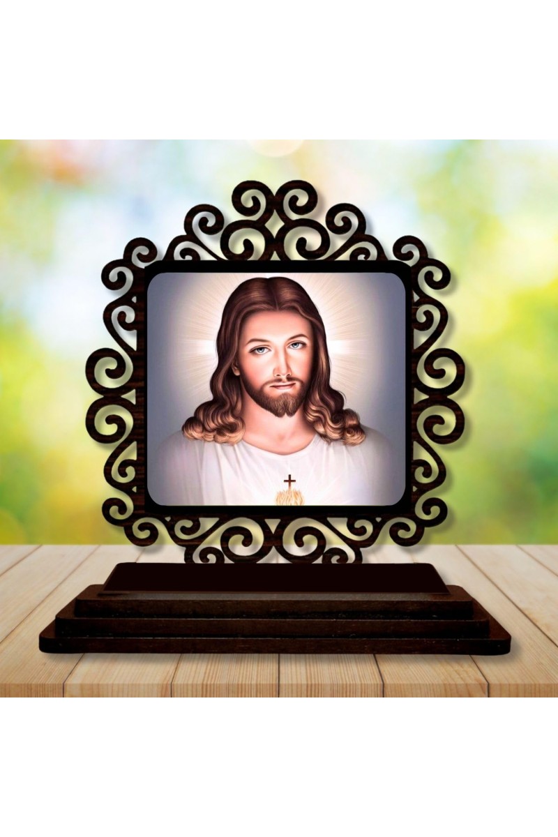 Car Desk/Table Top Lord Jesus Wooden Showpiece 3x4 Inches, Compact & Stylish Spiritual Display for Car, Home & Office (Pack of 1) (F19773)