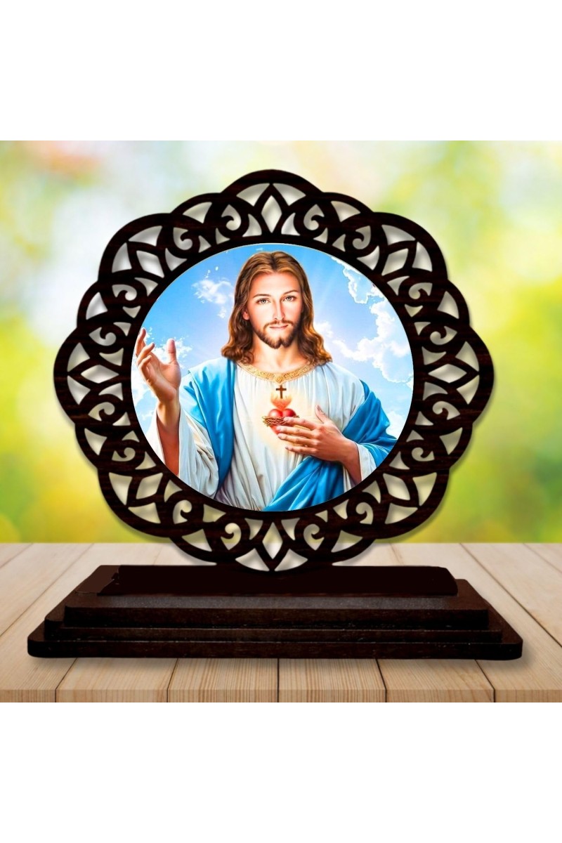 Car Desk/Table Top Lord Jesus Wooden Showpiece 3x4 Inches, Compact & Stylish Spiritual Display for Car, Home & Office (Pack of 1) (F19733)