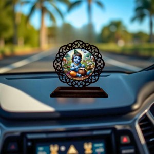 Car Desk/Table Top Lord Krishna Wooden Showpiece 3x4 Inches, Compact & Stylish Spiritual Display for Car, Home & Office (Pack of 1) (F19567)