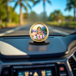 Car Desk/Table Top Goddess Saraswathi Metal Golden Photo Stand 2x2 Inches, Compact & Stylish Spiritual Display for Car, Home & Office (Pack of 1) (F18606)