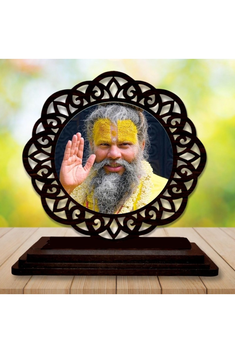Car Desk/Table Top Premanand Ji Maharaj Wooden Showpiece 3x4 Inches, Compact & Stylish Spiritual Display for Car, Home & Office (Pack of 1) (F19729)