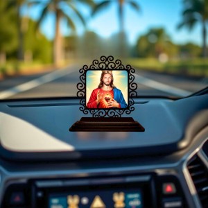Car Desk/Table Top Lord Jesus Wooden Showpiece 3x4 Inches, Compact & Stylish Spiritual Display for Car, Home & Office (Pack of 1) (F19971)