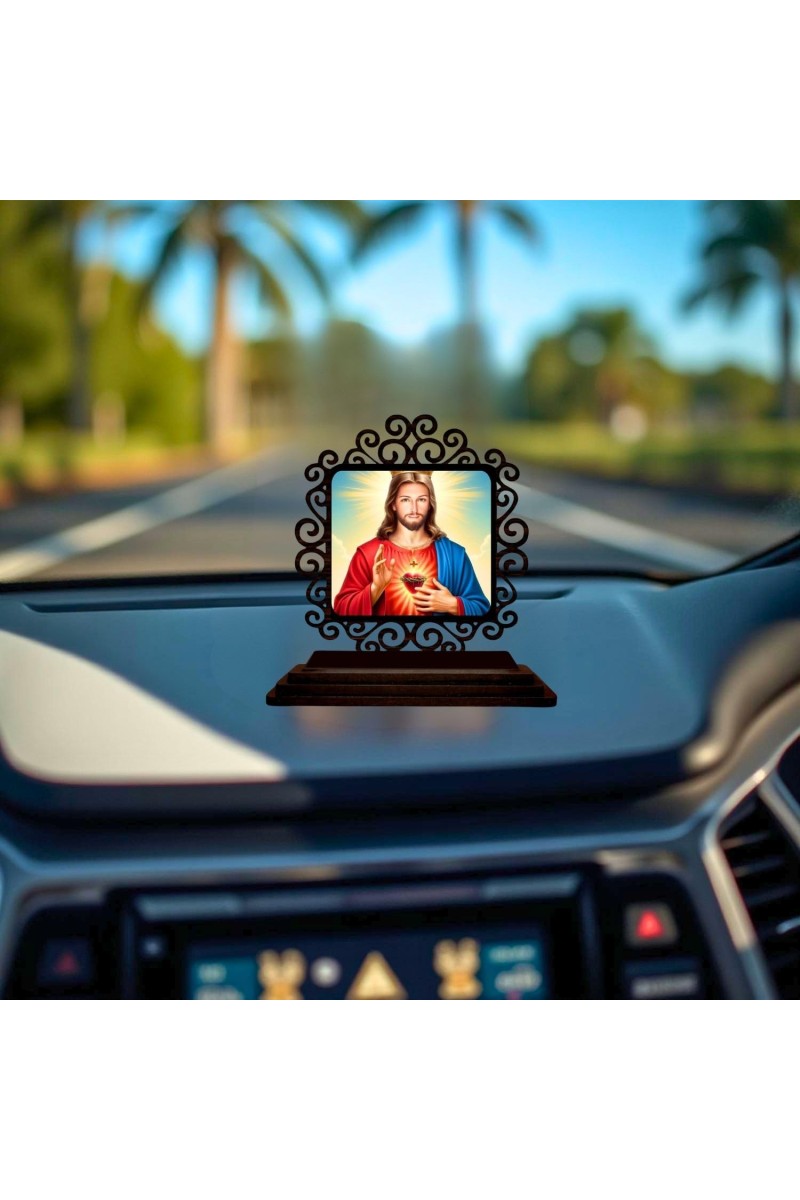 Car Desk/Table Top Lord Jesus Wooden Showpiece 3x4 Inches, Compact & Stylish Spiritual Display for Car, Home & Office (Pack of 1) (F19971)